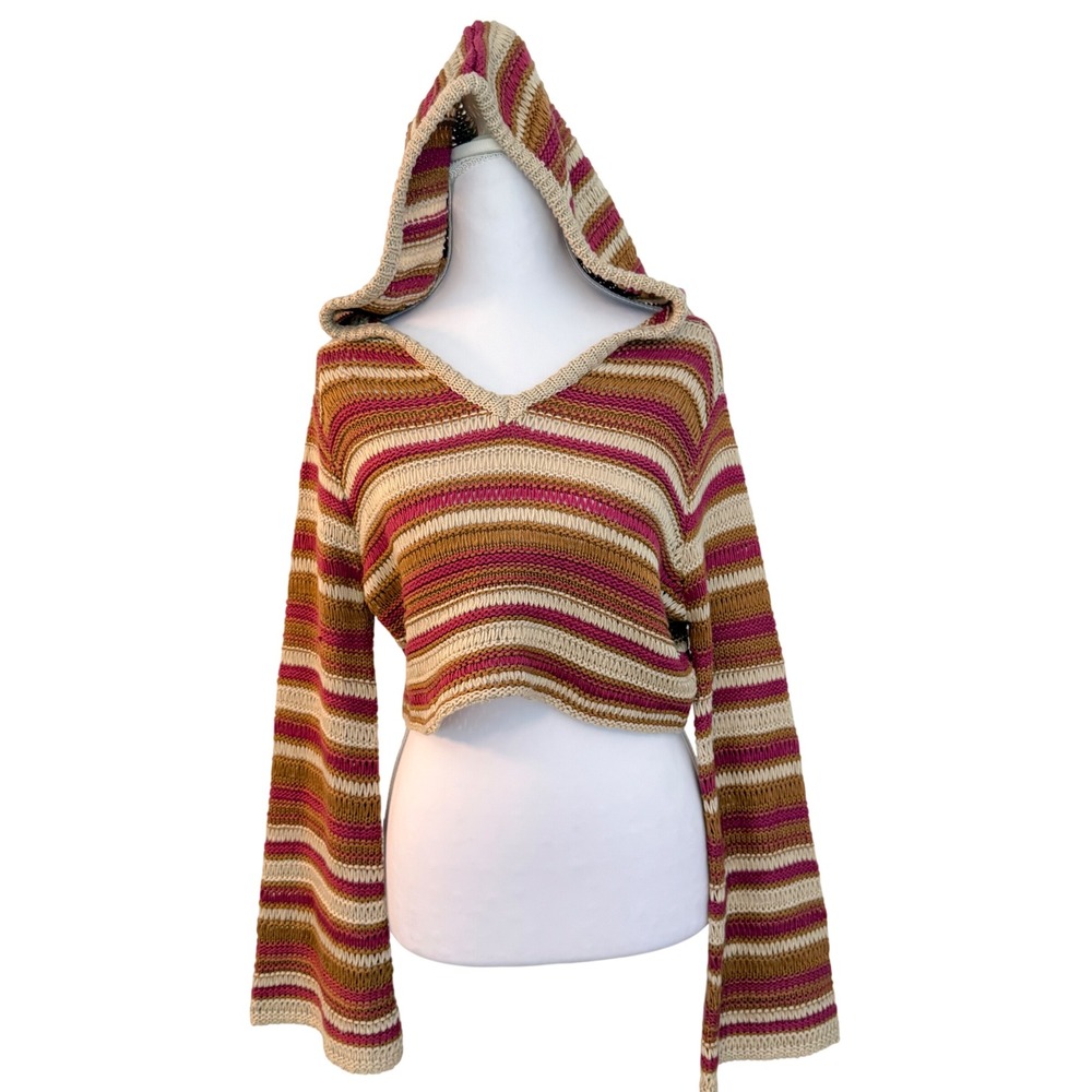Lush Cropped Hoodie Women S Camel Pink Striped Open Knit Flare Sleeve Sweater